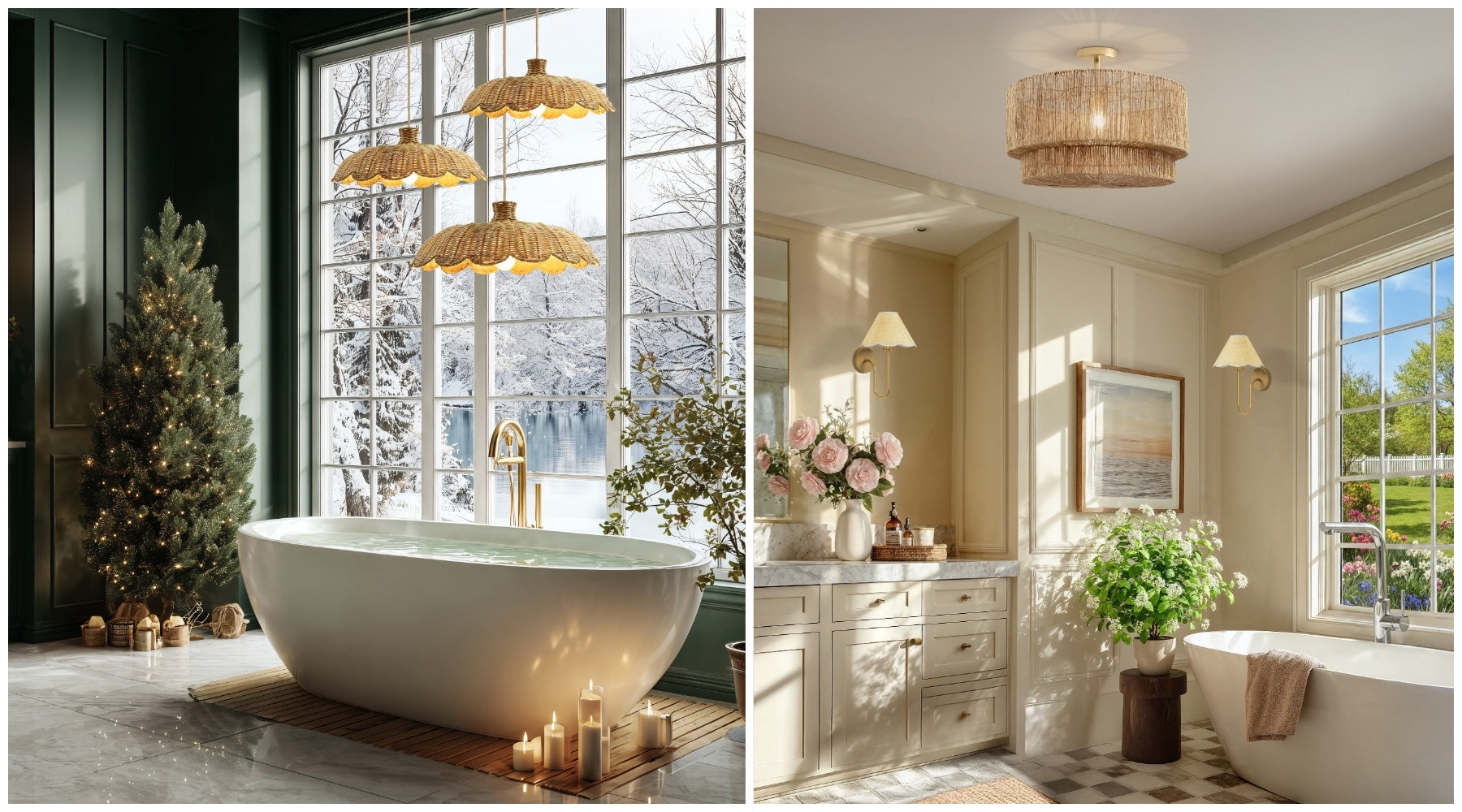 Side-by-side bathrooms with woven ceiling lights above freestanding bathtubs, including a winter holiday scene on the left.