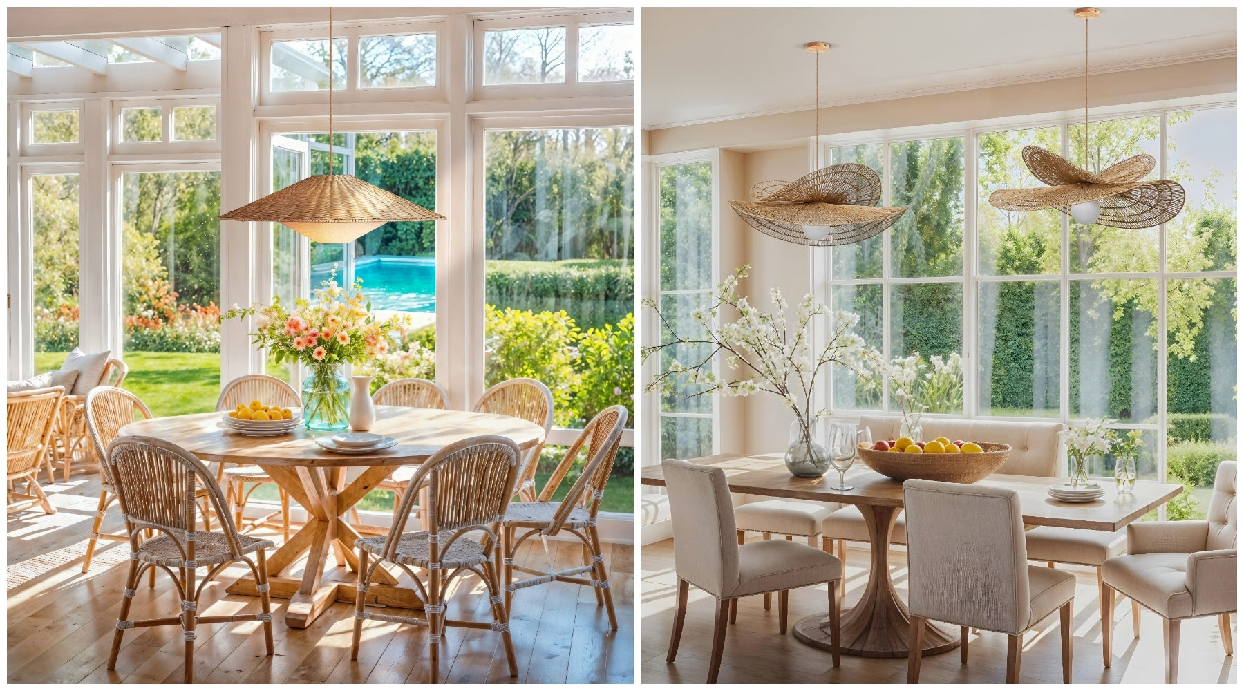 Side-by-side dining rooms with woven rattan pendant lights above round wooden tables.