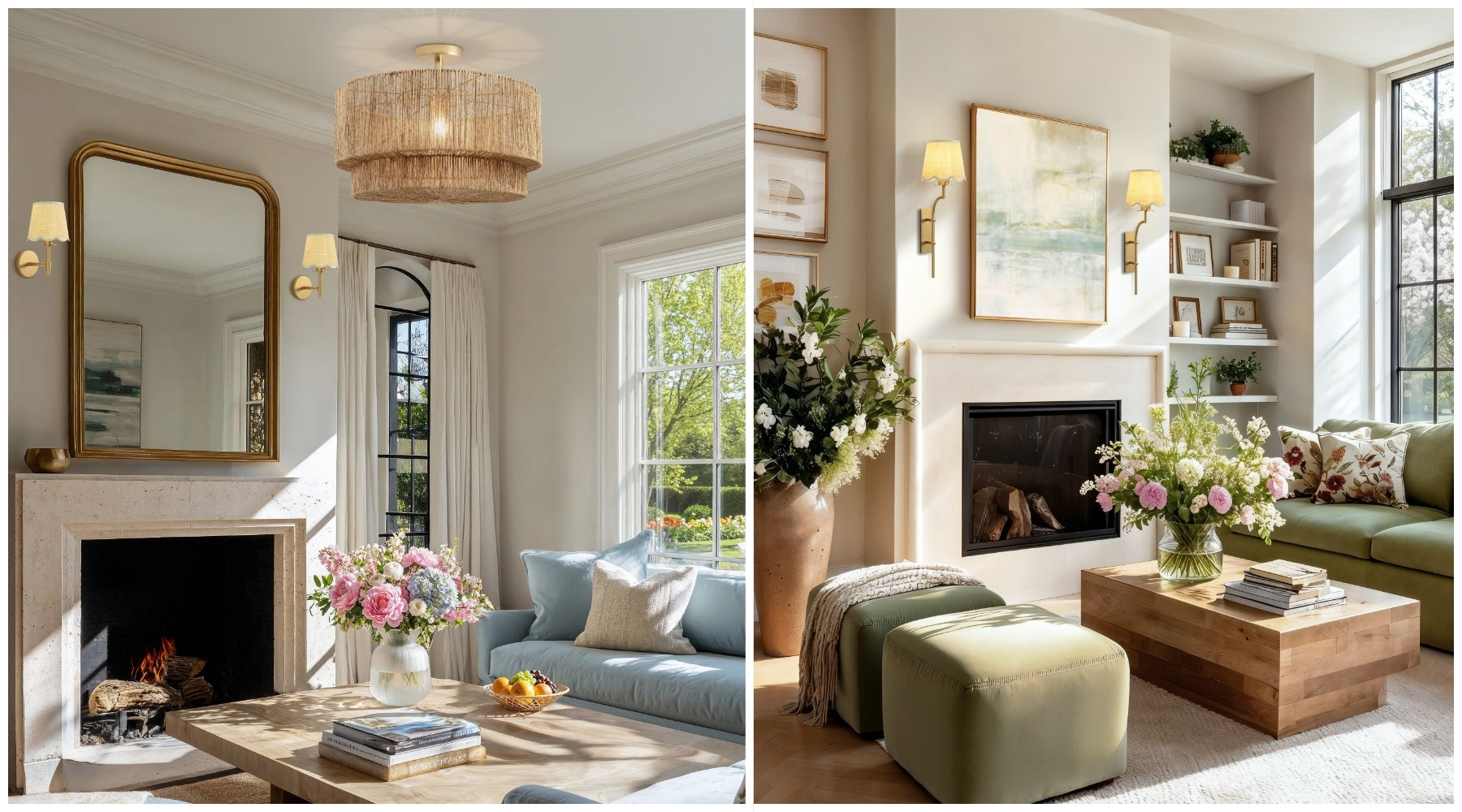 Side-by-side living rooms with a woven flush mount ceiling light on the left and wall sconces around a fireplace on the right.