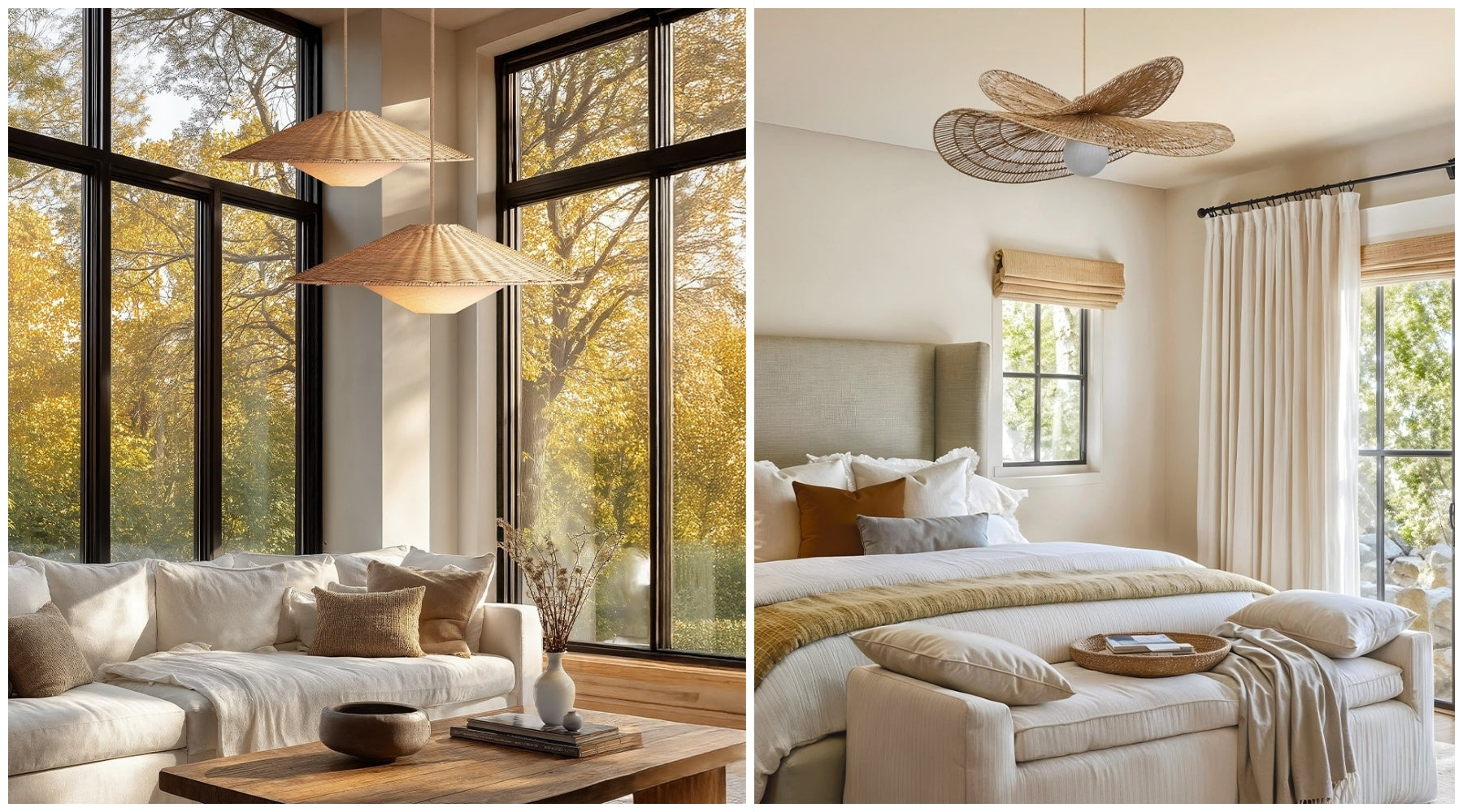 Side-by-side interiors with sculptural woven pendant lights in a living room and bedroom.