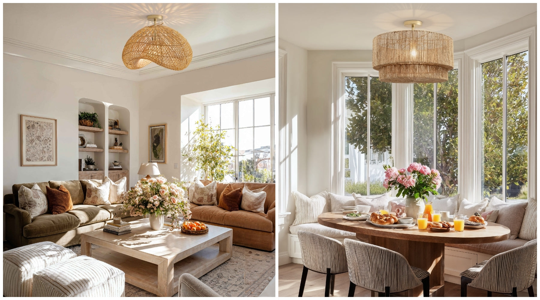 Side-by-side sunlit interiors with woven flush mount ceiling lights in a living room and dining nook.