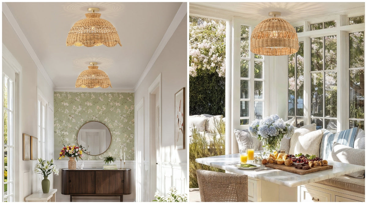 Side-by-side sunlit interiors with woven flush mount ceiling lights in a hallway and breakfast nook.