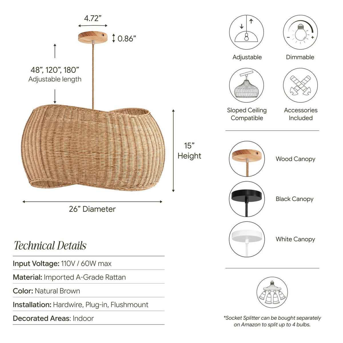 angelo rattan pendant light specs