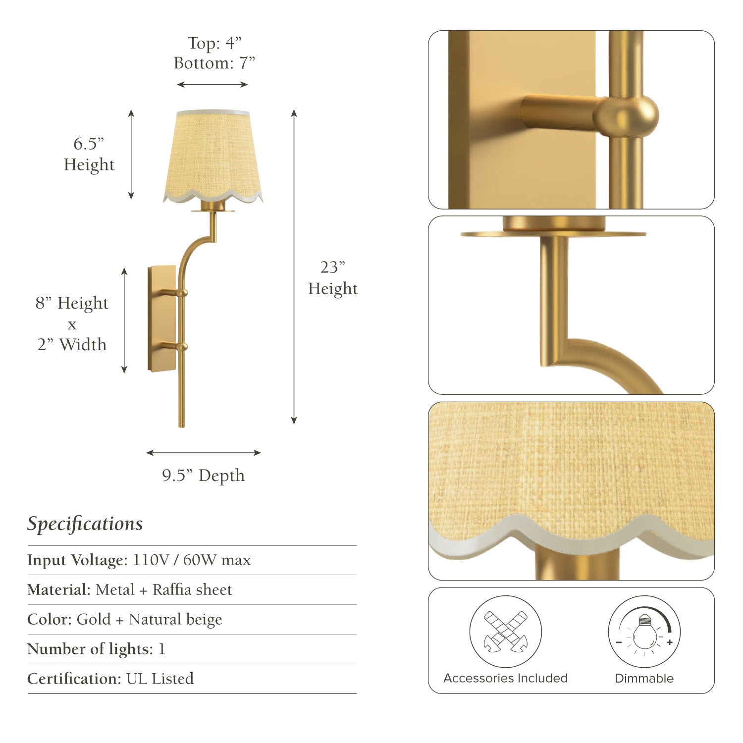 arco clamp socnce gold with dimensions and specifications