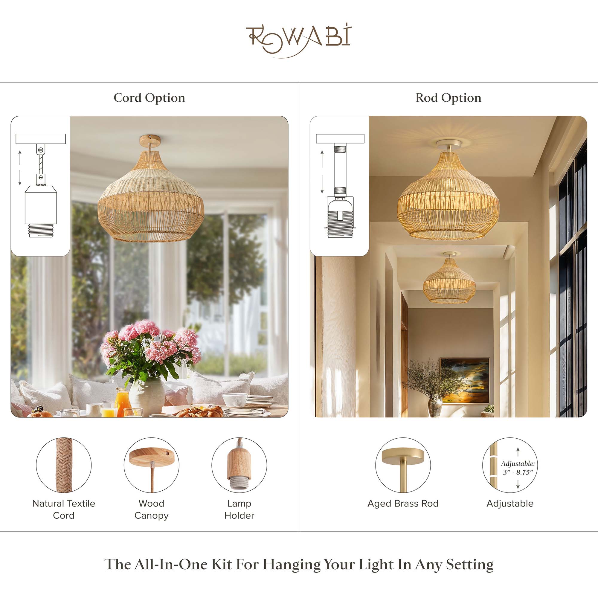 beatrice rattan pendant light rod cord flush mount option