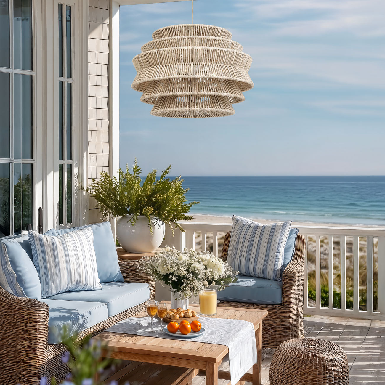 coastal outdoor veronica rattan pendant light on a patio deck overlooking the ocean