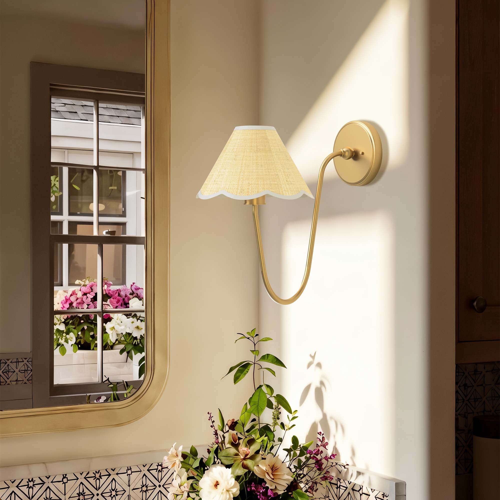 elara curve clamp sconce for bathroom with a beige shade in a room