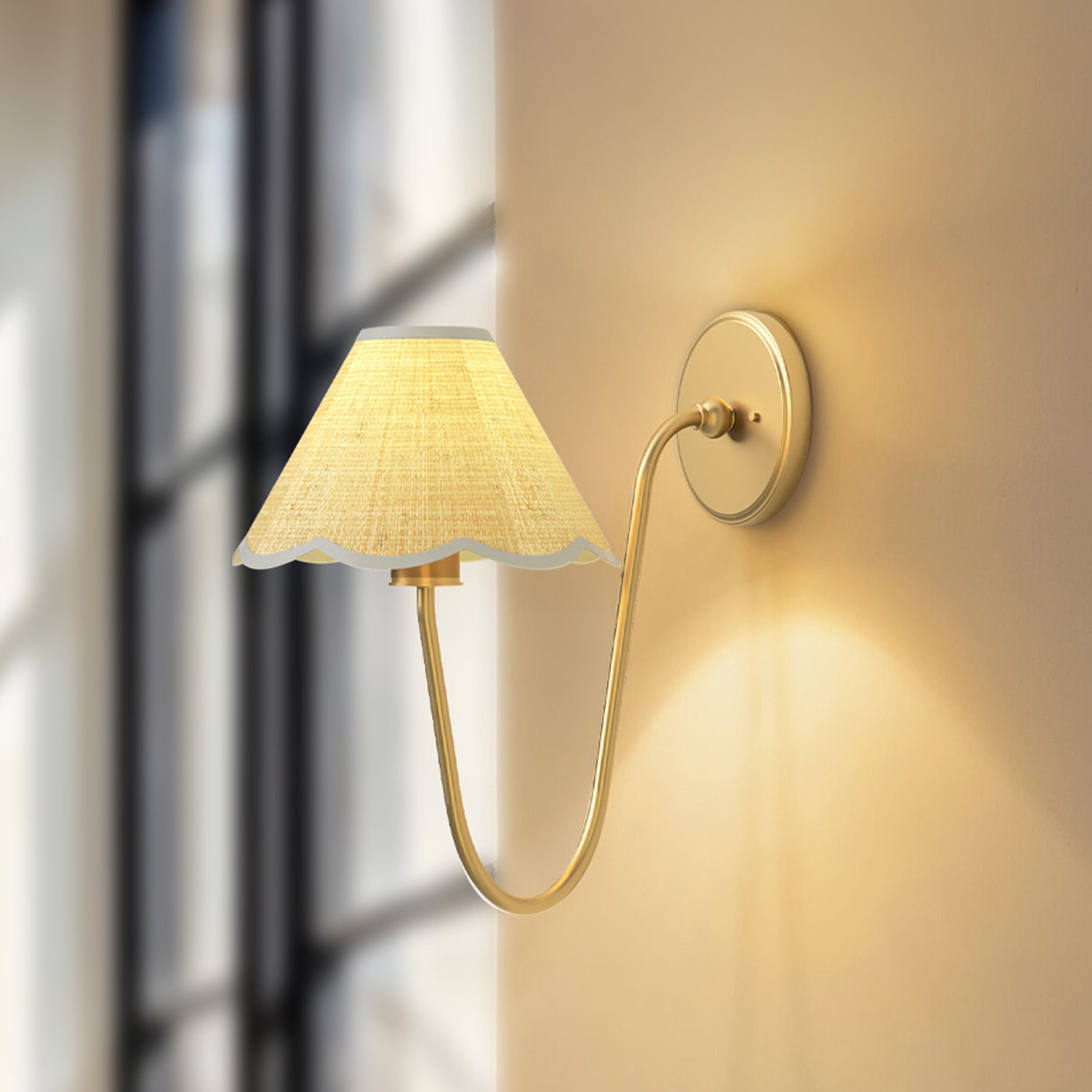 elara curve clamp sconce for hallway focus with a gold fixture and textured white shade