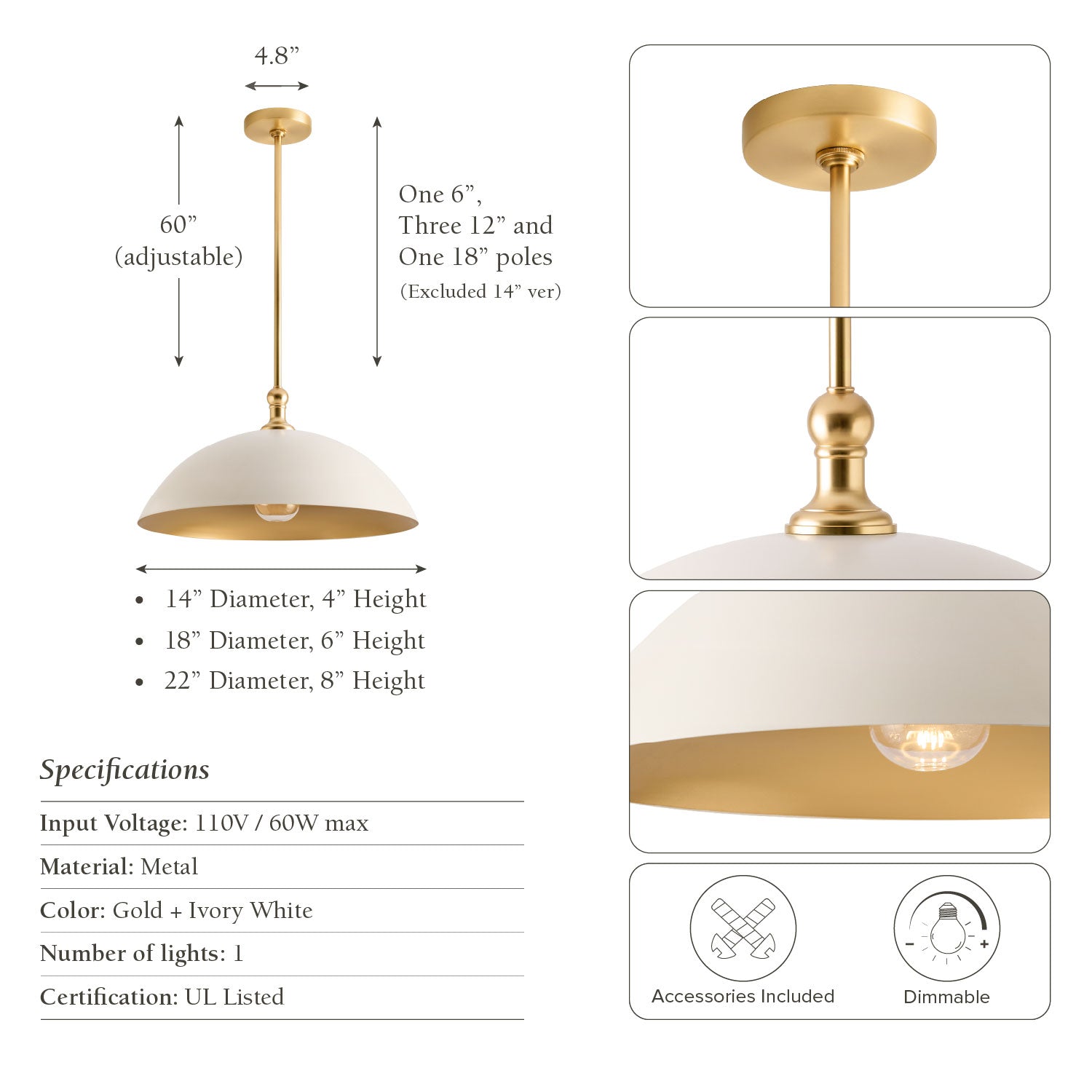 eliza dome brass pendant light specs