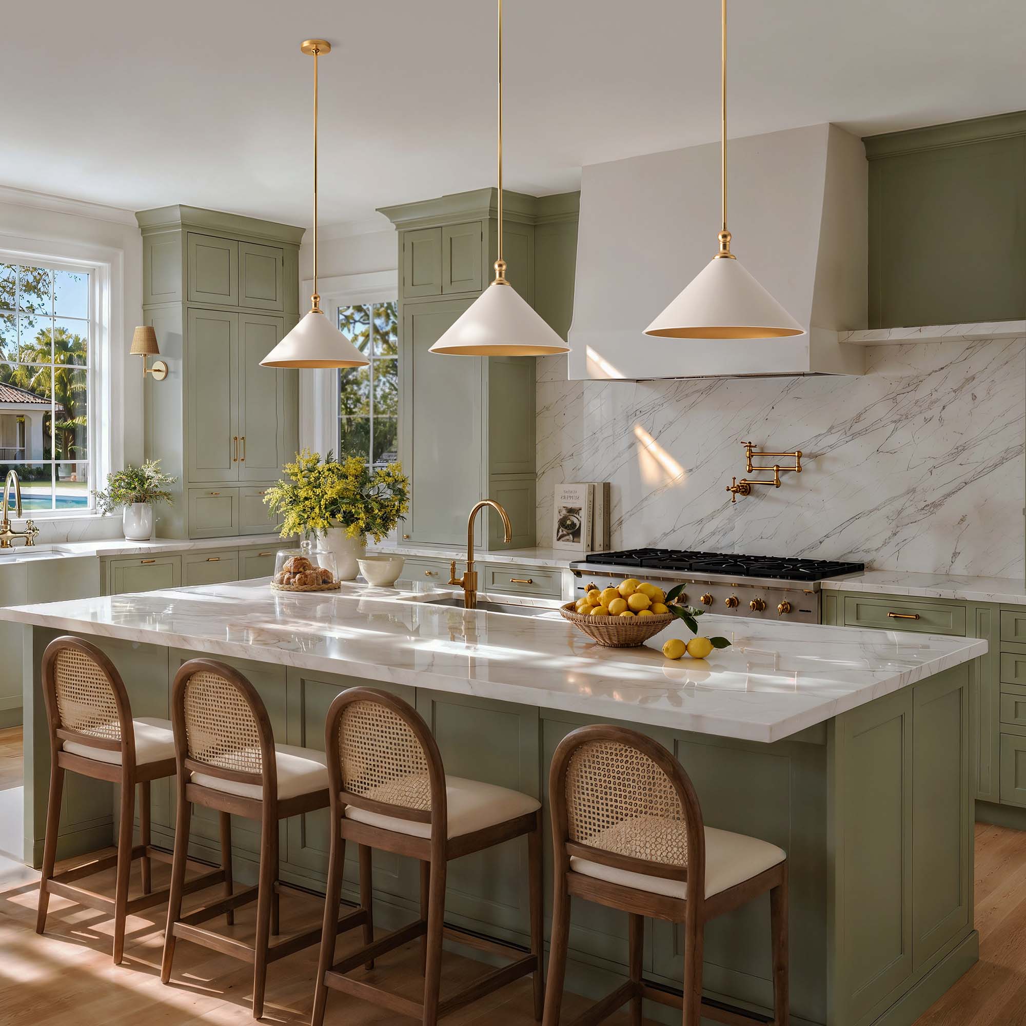 giza cone pendant light on green kitchen