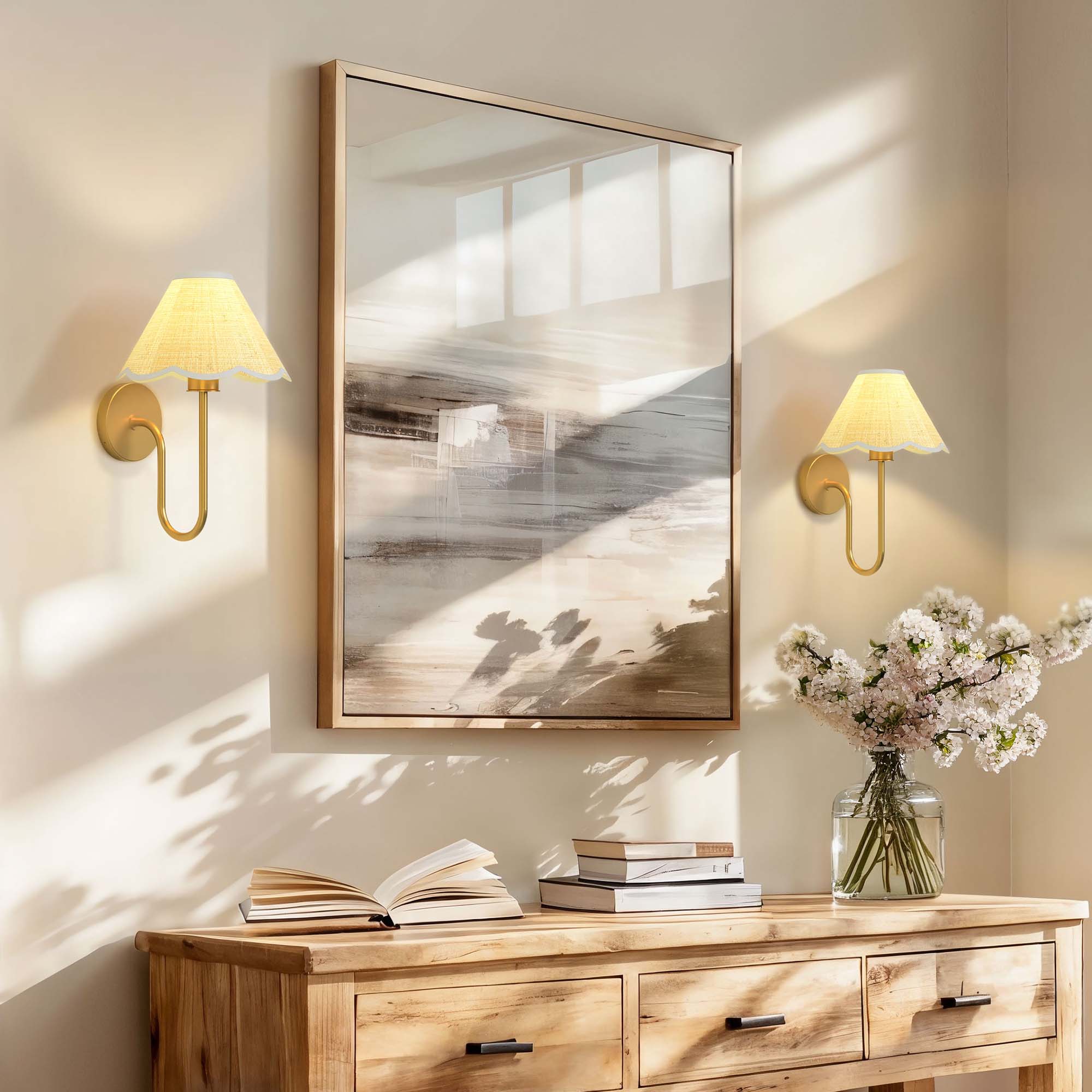 lyra rattan sconce for hallway above a wooden console table