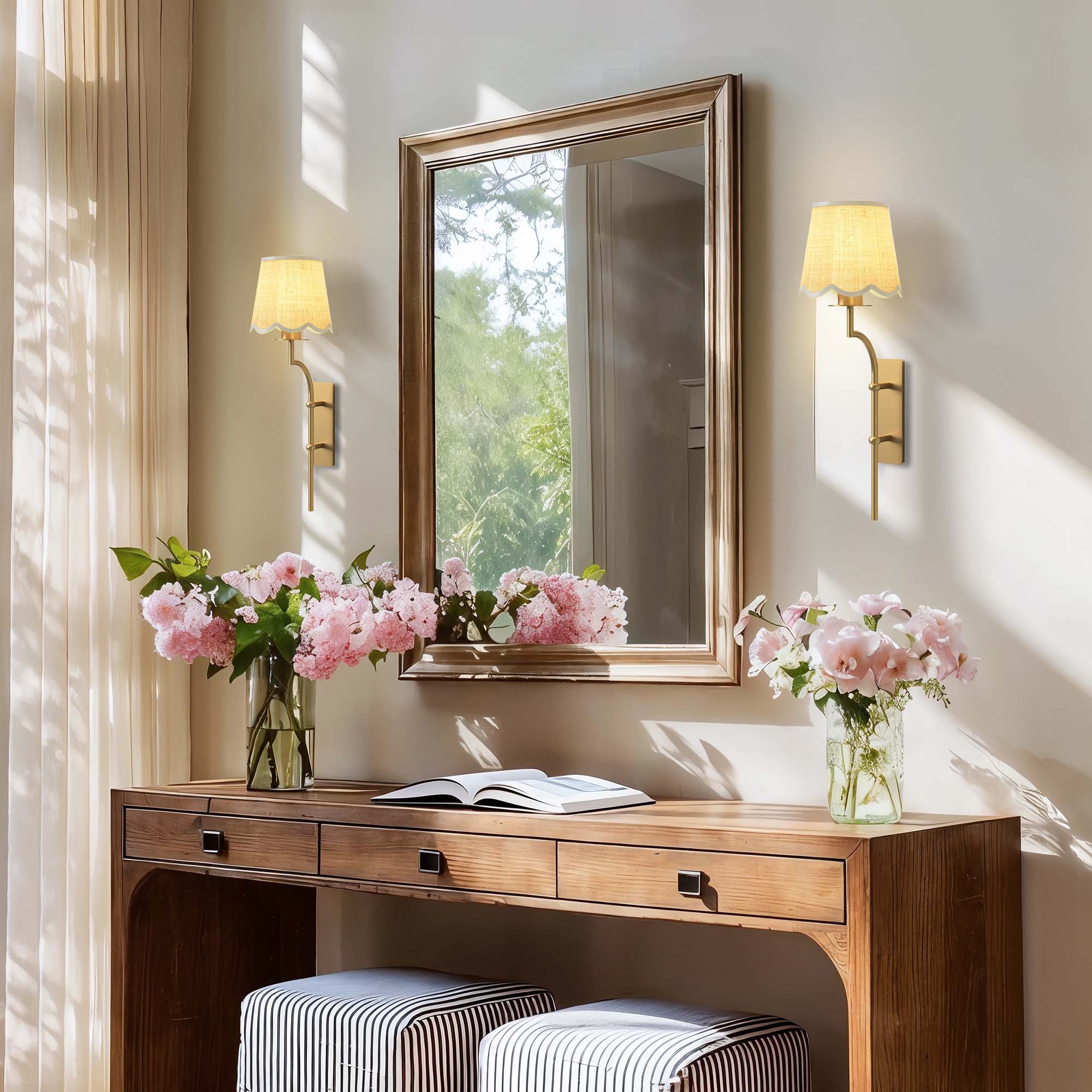 nala clamp rattan sconce for hallway and wooden vanity with mirror