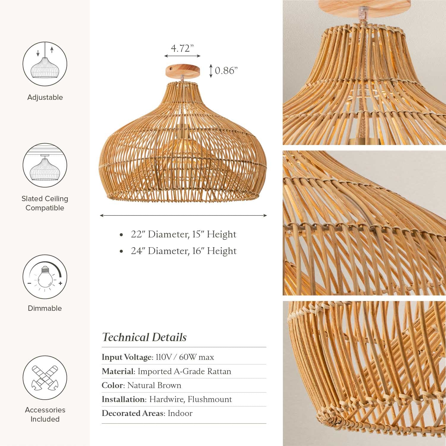 Oceania Cone Rattan Flush Mount Light