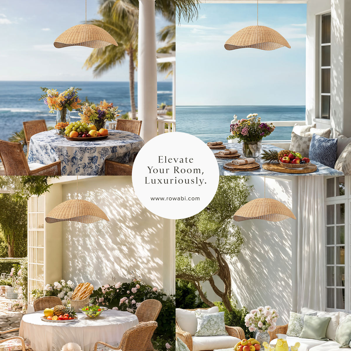 coastal nana rattan collage of outdoor dining area with ocean view, featuring tables, chairs, and decorative elements.