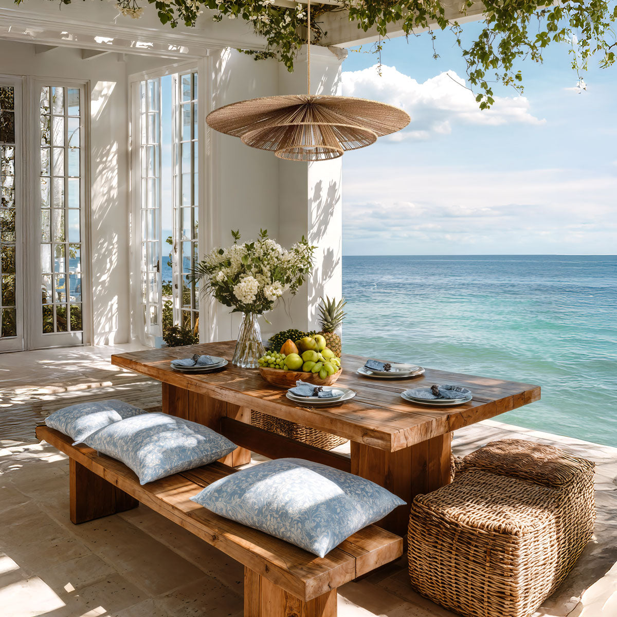 outdoor coastal sammie rattan pendant light dining with wooden table and bench by the ocean
