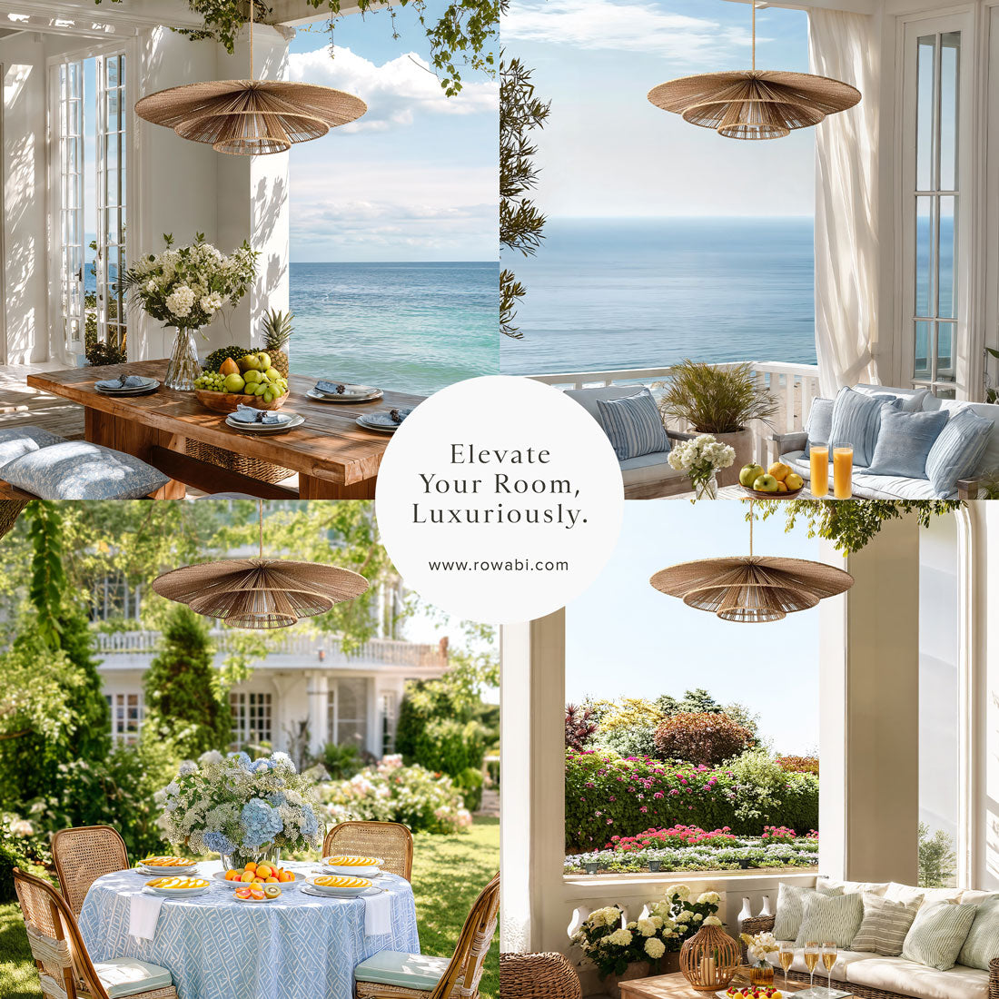 outdoor garden sammie rattan pendant light luxurious outdoor living space with ocean view, furniture, and decor.