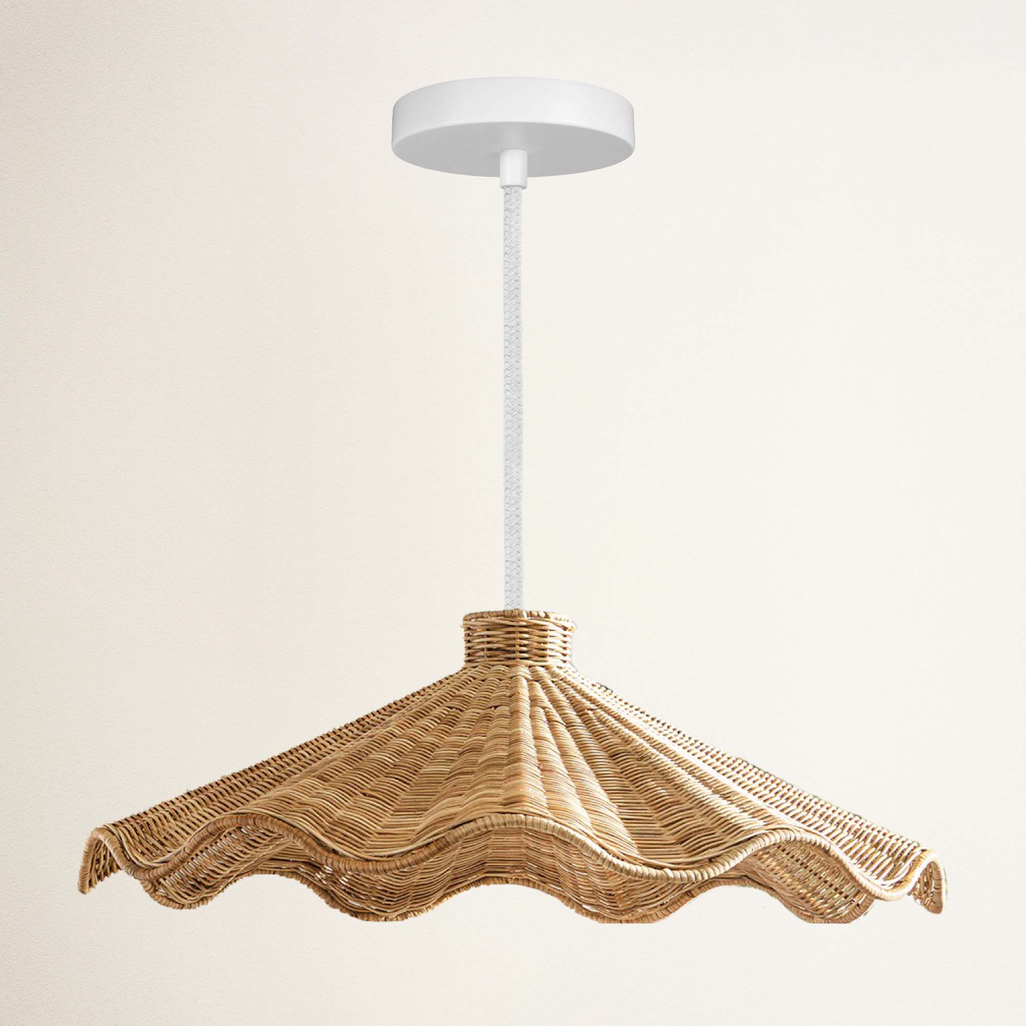 rowabi ariel hardwire white woven pendant light with a white ceiling mount