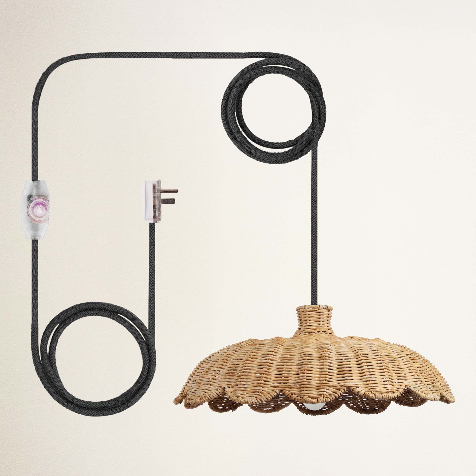rowabi aurelia black plug-in rattan pendant light with black metal fixture