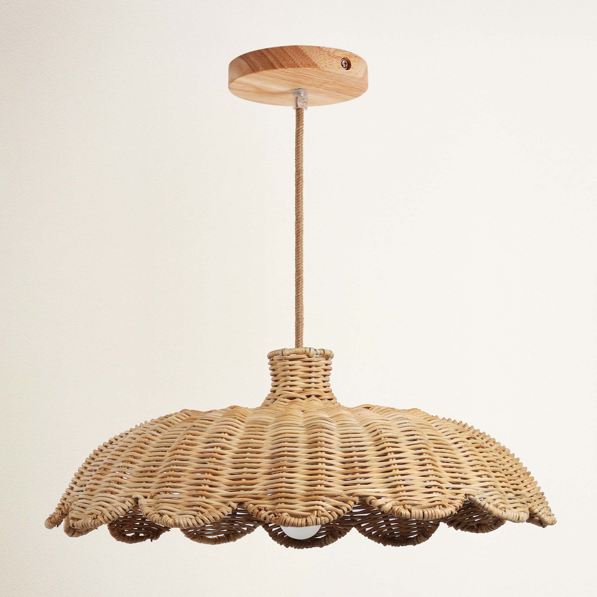 rowabi aurelia hardwire natural wicker pendant light with wooden fixture