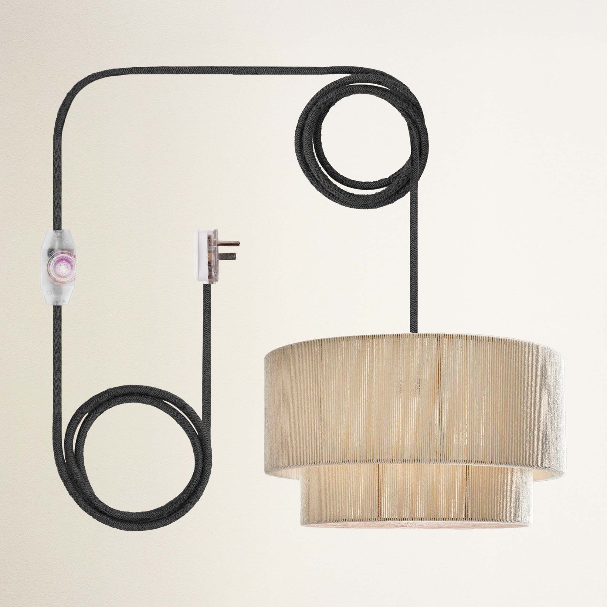 rowabi elaine plug in black modern wall lamp with braided cable and beige shade