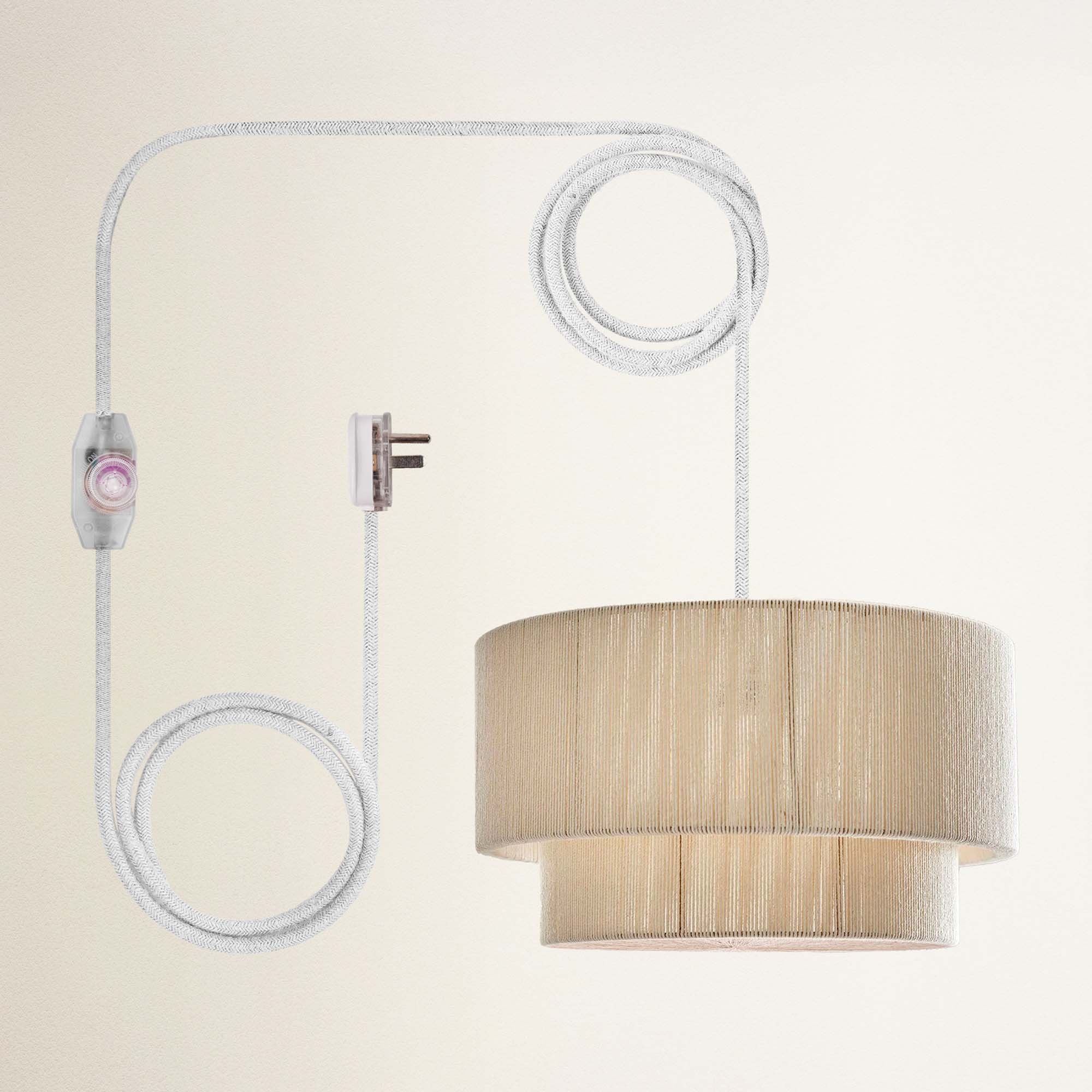 rowabi elaine plug in white modern pendant light with beige shade and white cord