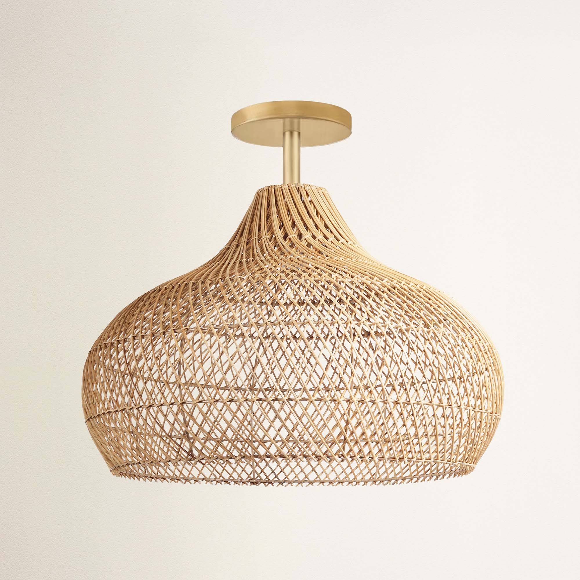 rowabi kloe flush mount brass gold woven rattan ceiling light fixture