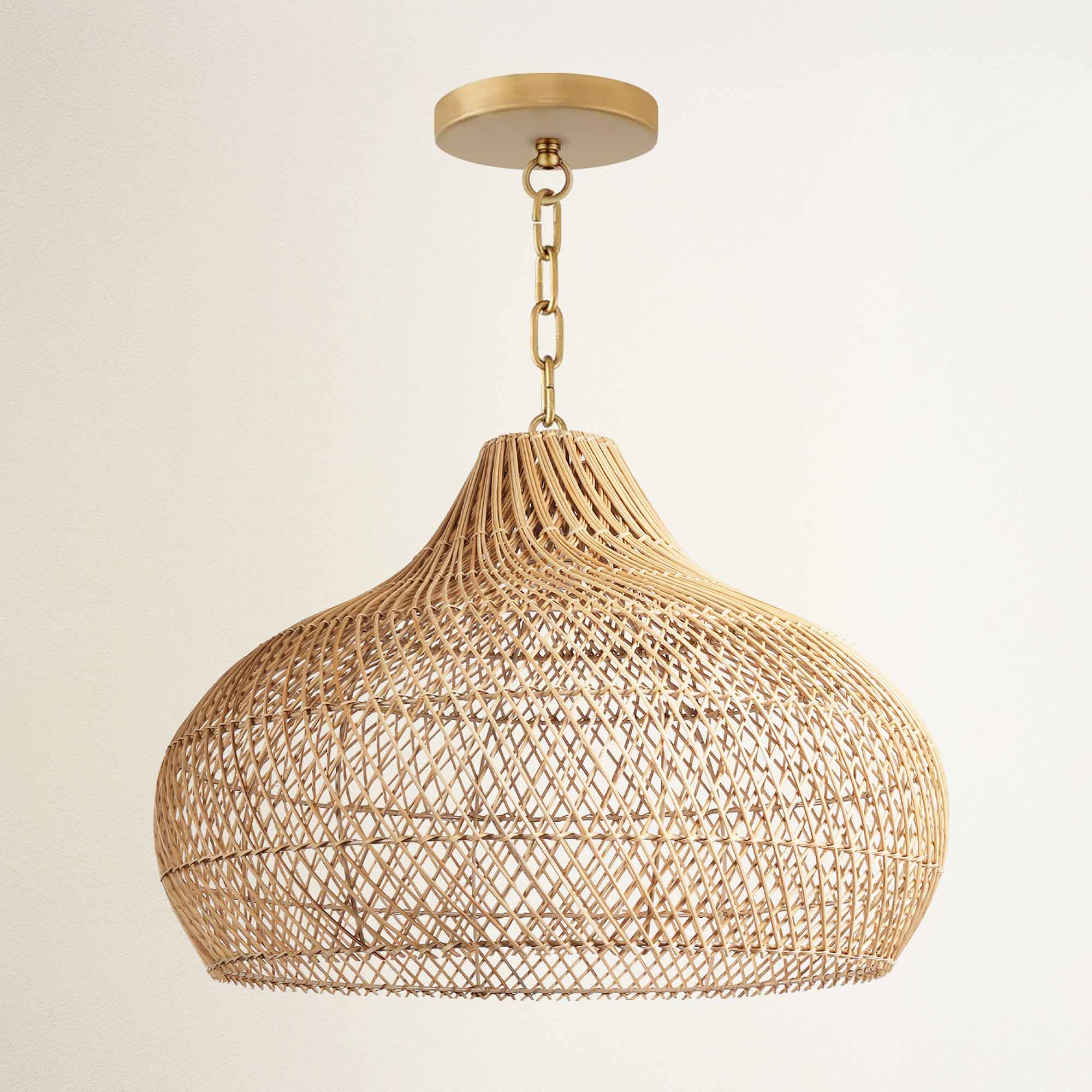 rowabi kloe hardwire woven pendant light with gold chain and ceiling mount