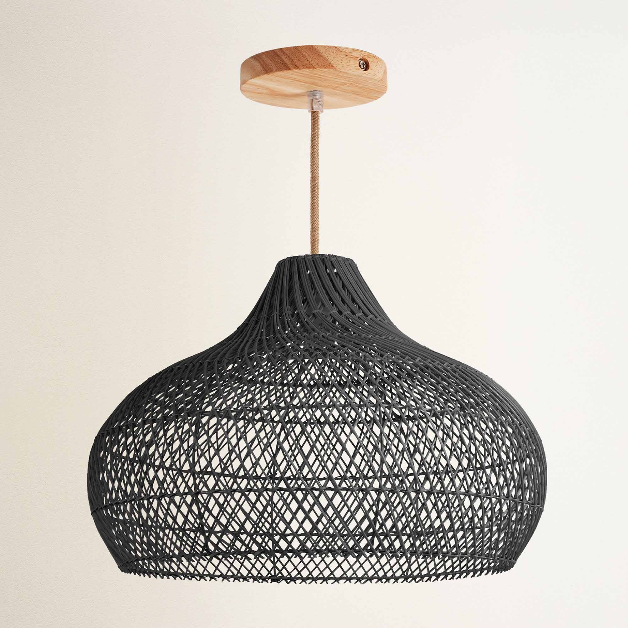 rowabi latigo hardwire natural black woven pendant light with wooden fixture