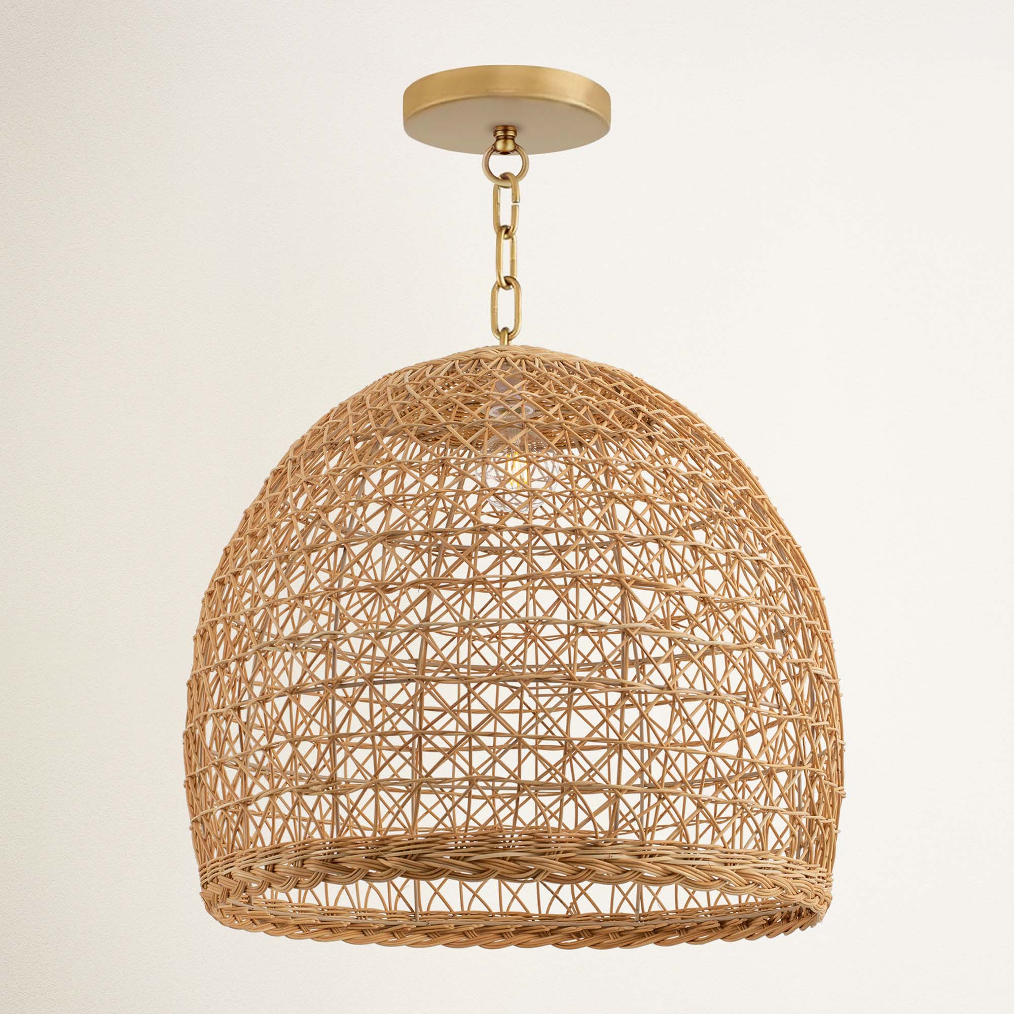 rowabi lumiere hardwire woven rattan pendant light with gold chain