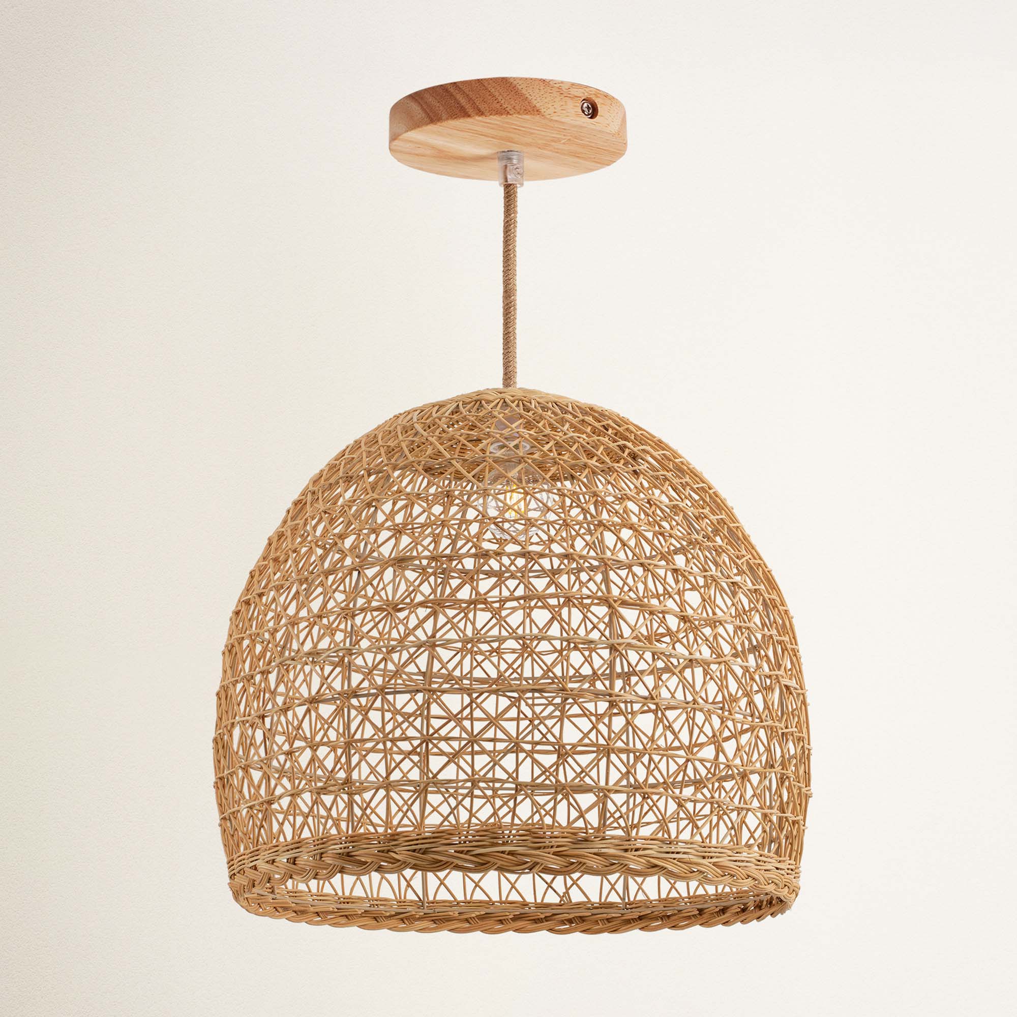 rowabi lumiere hardwire natural woven rattan pendant light with wooden top