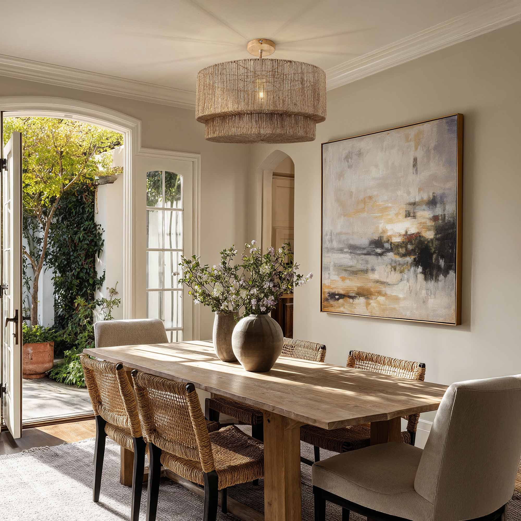 rowabi luminous pendant light for dining room flush mount setting with wooden table, chairs