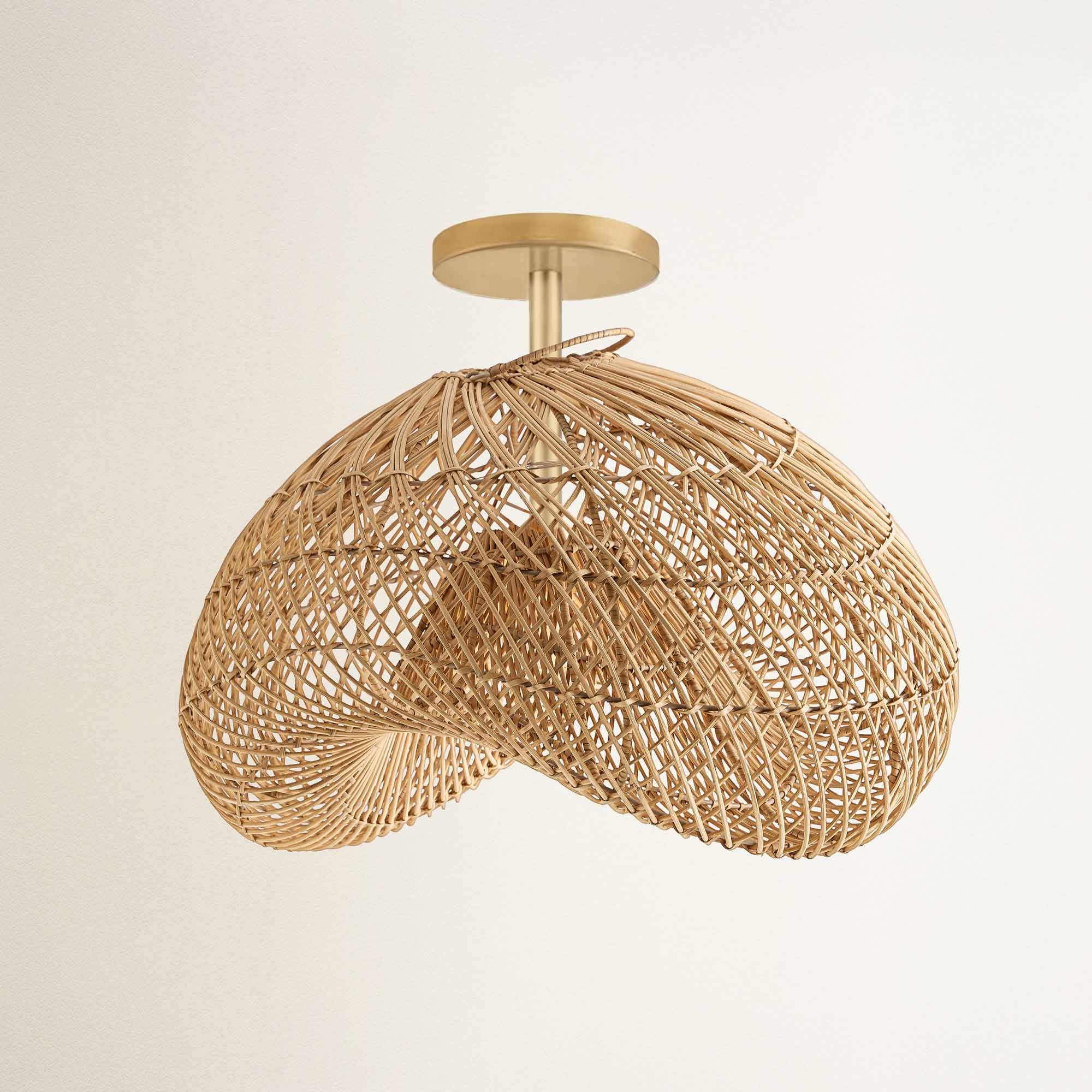 rowabi sepherina flush mount brass gold, woven rattan ceiling light fixture