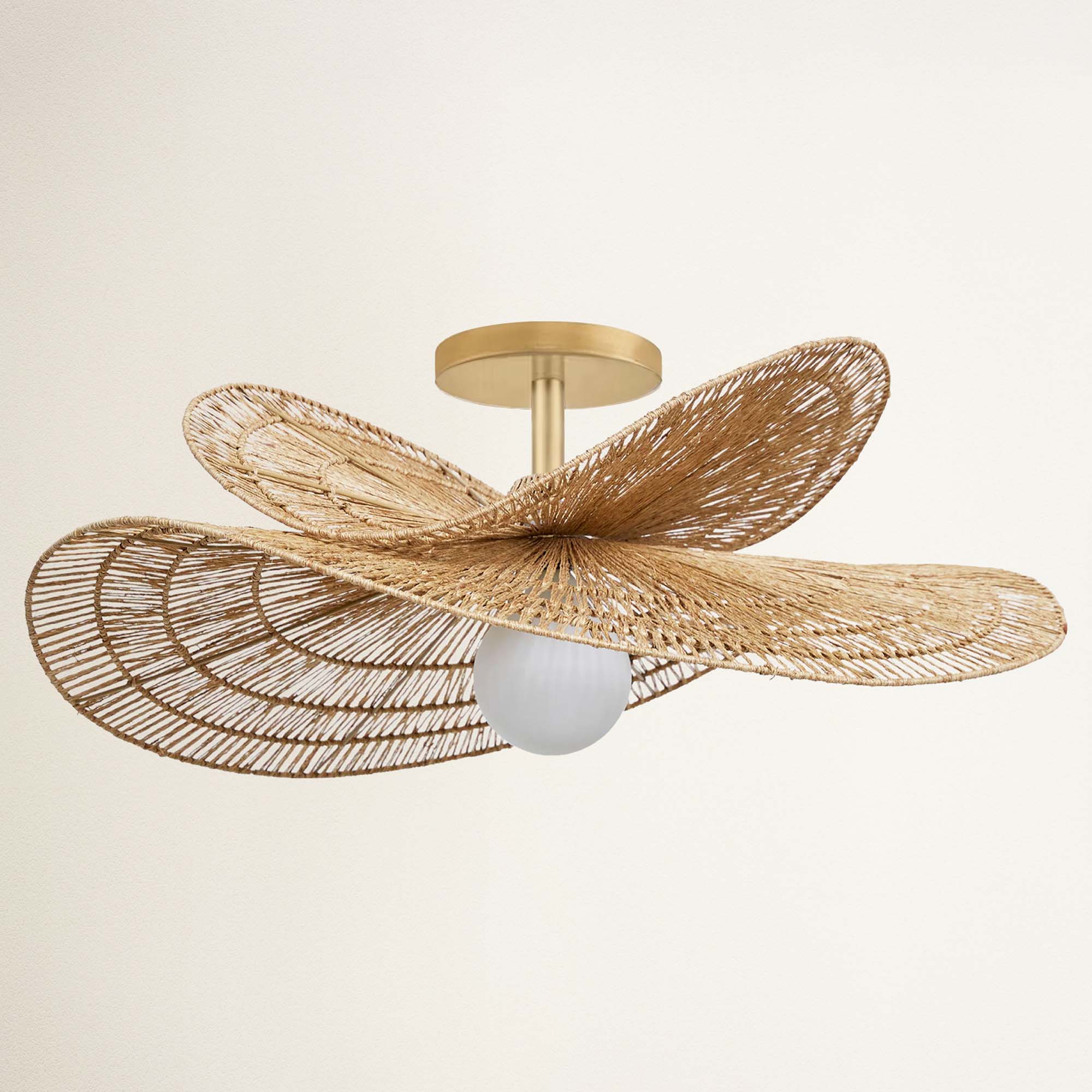 rowabi whisper leaf flush mount brass gold with decorative wicker-like blades