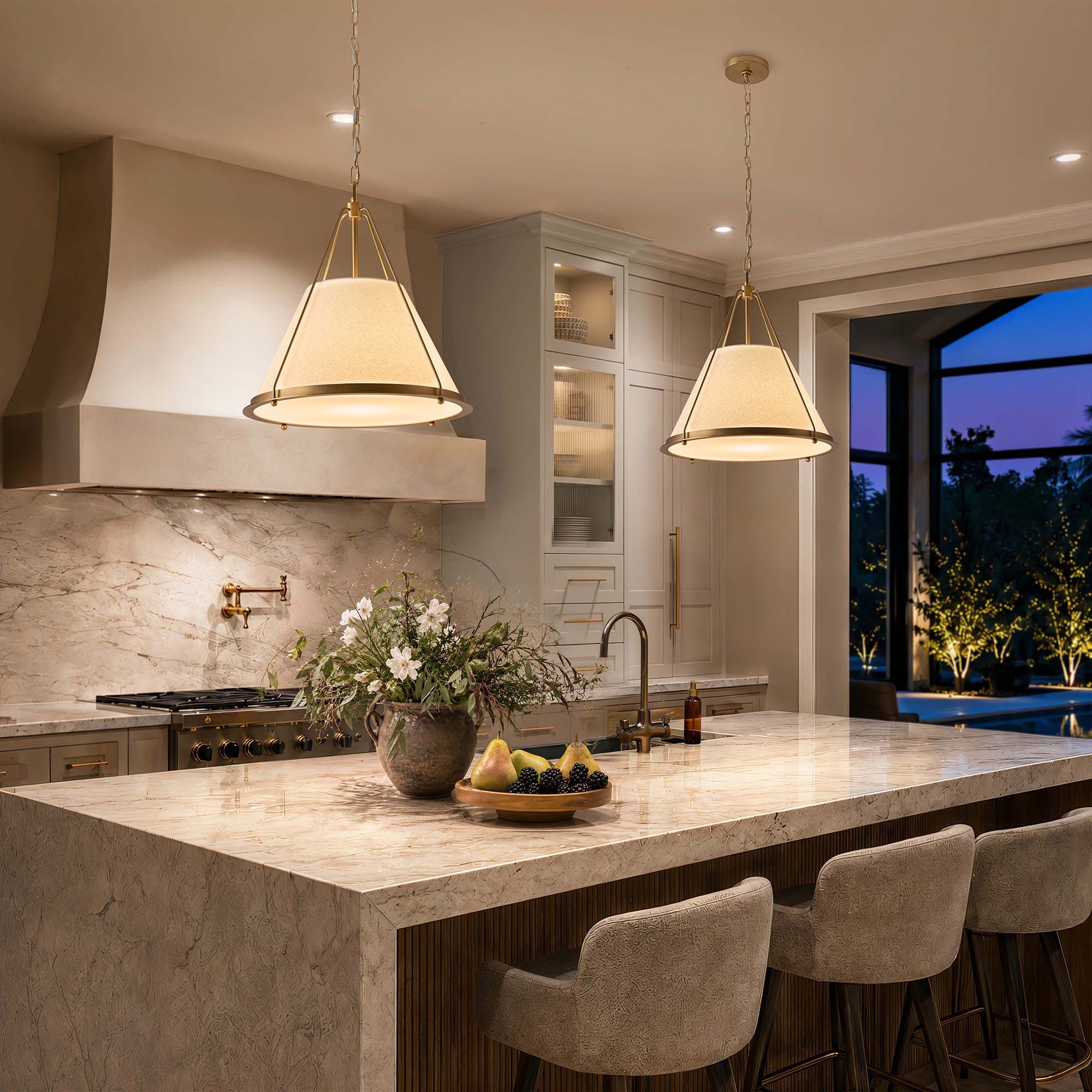 scintilla iron pendant light on for kitchen evening