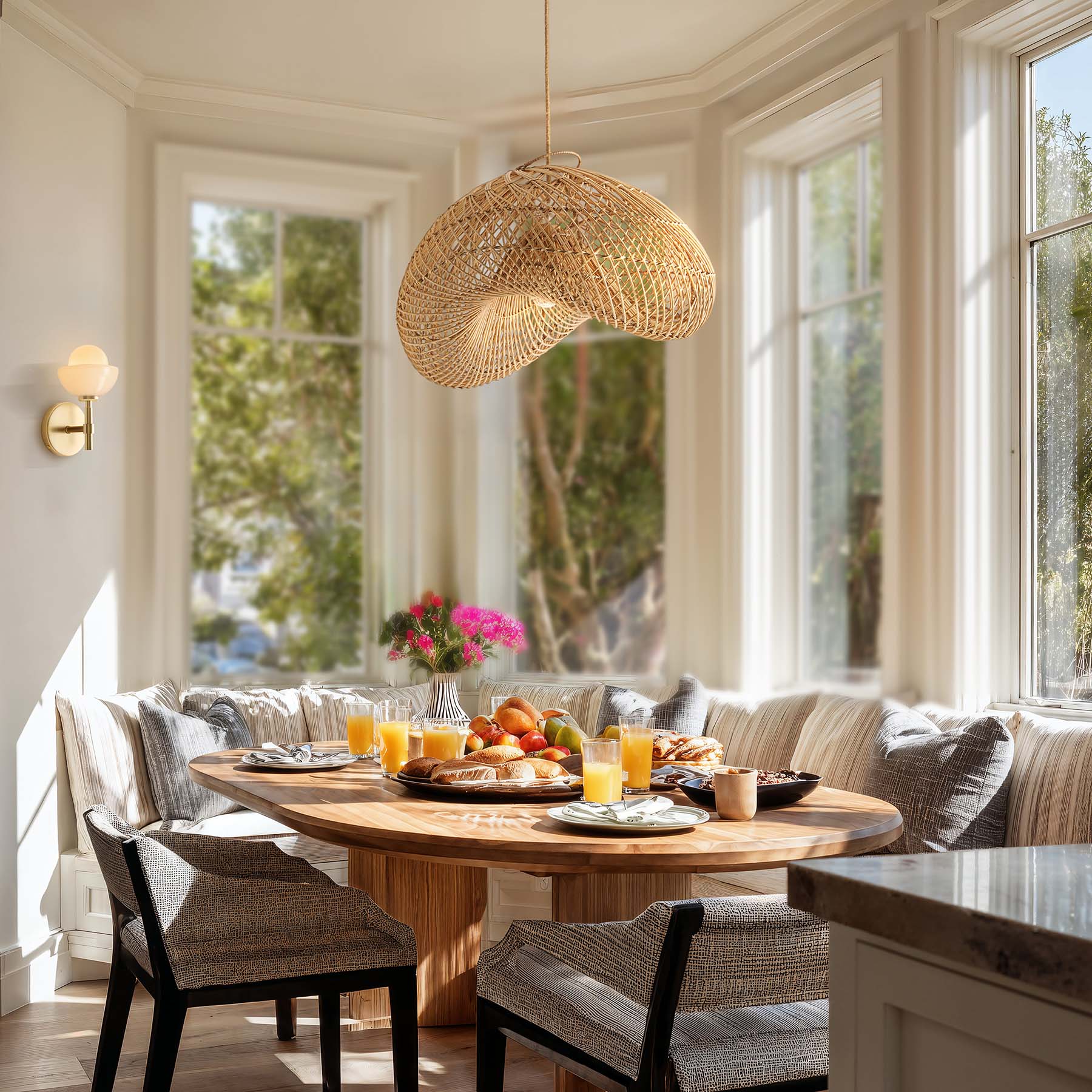 sepherina rattan pendant light dining nook with wooden table, chairs