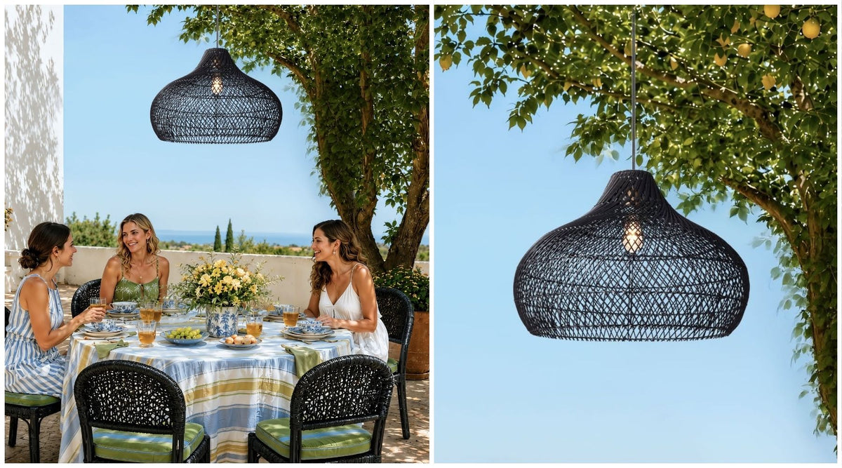 can you use a black dome rattan pendant light outdoors
