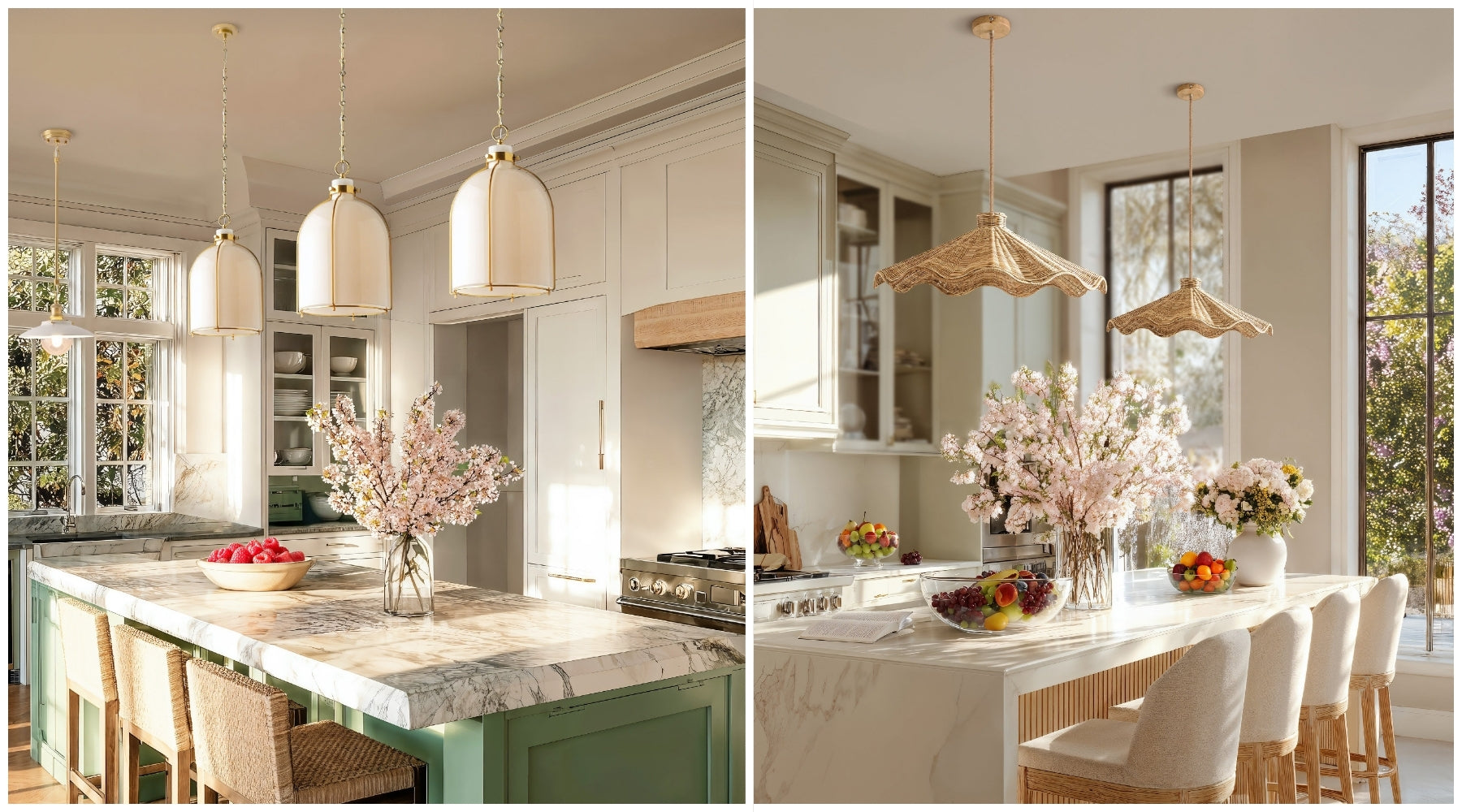 Side-by-side kitchen islands with glass pendant lights on the left and woven pendant lights on the right.