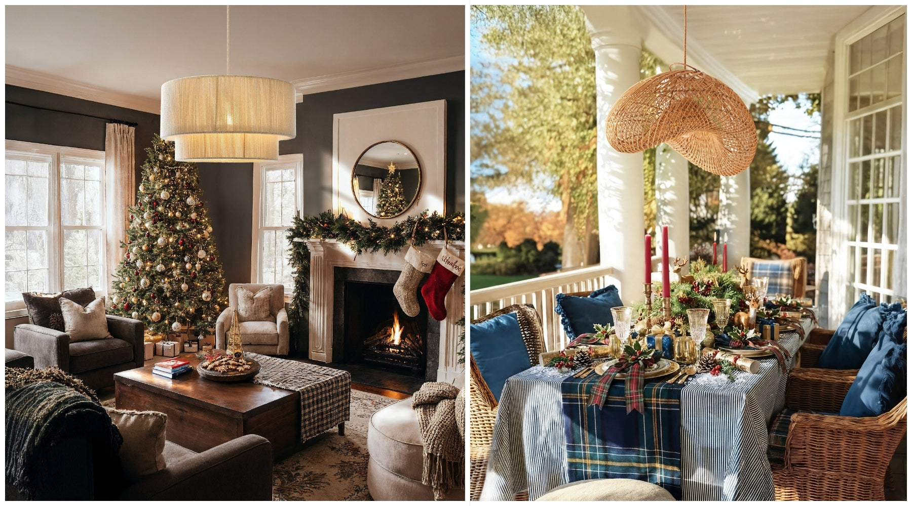 Side-by-side holiday spaces with a layered pendant light in a Christmas living room and a woven pendant light above a festive porch table.
