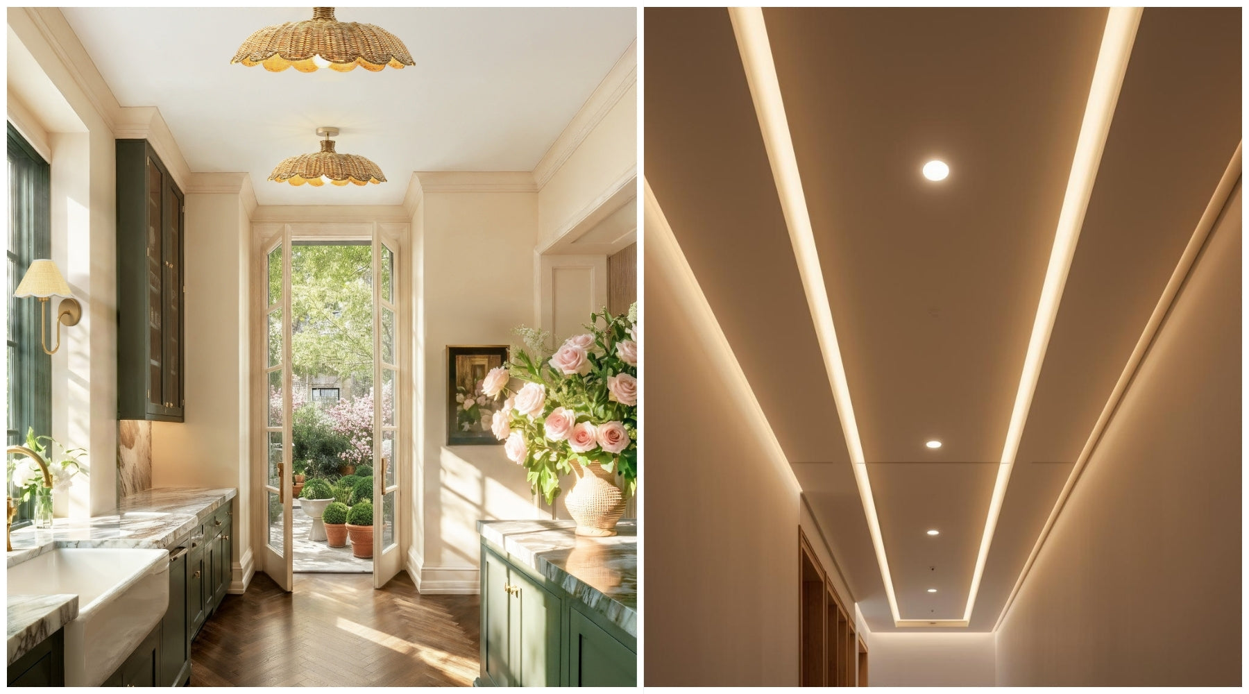 Side-by-side interior lighting comparison: on the left, a sunlit kitchen hallway with two warm woven flush mount ceiling lights; on the right, a modern corridor with recessed downlights and linear cove LED ceiling lighting.
