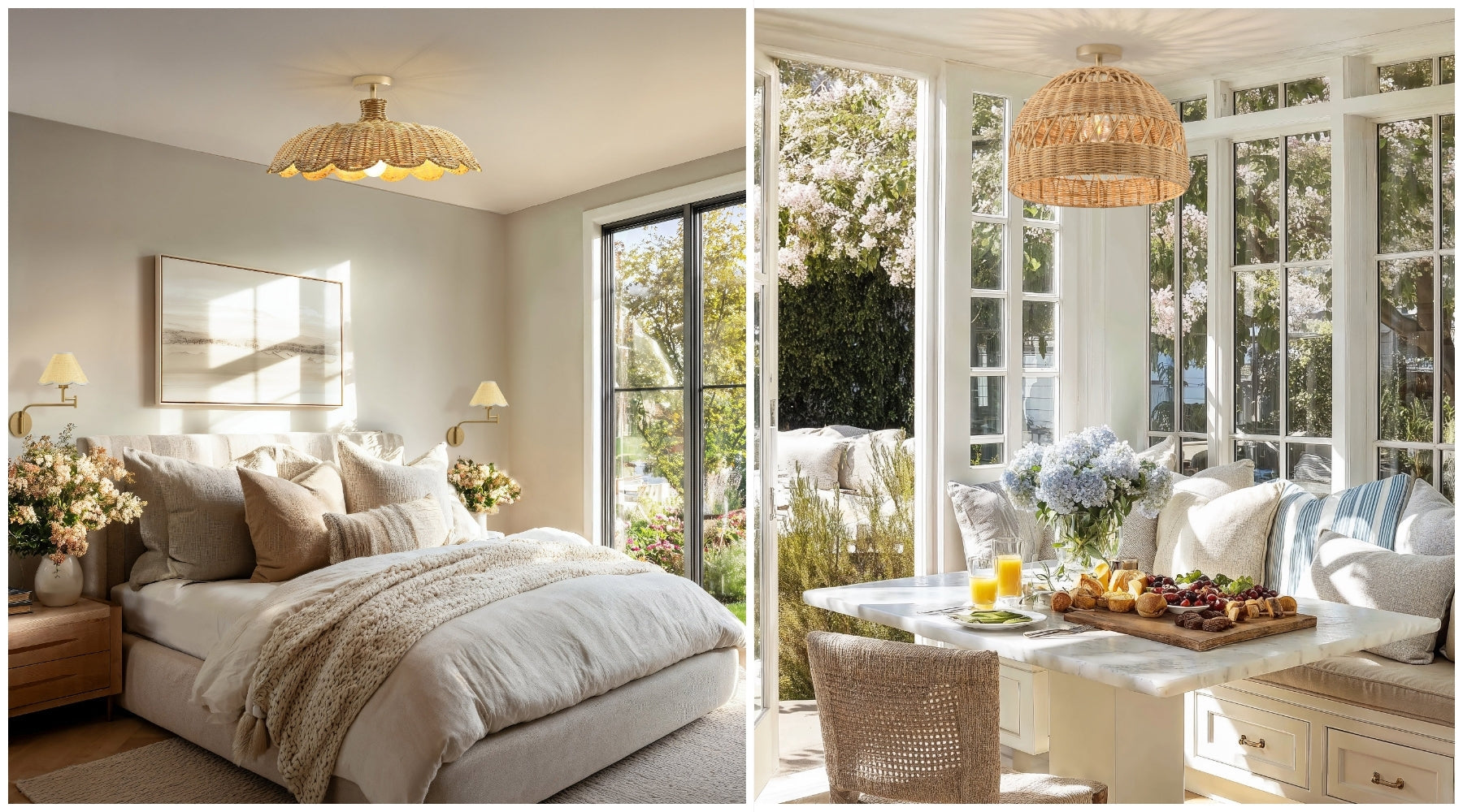 Side-by-side sunlit interiors with woven flush mount ceiling lights in a bedroom and breakfast nook.