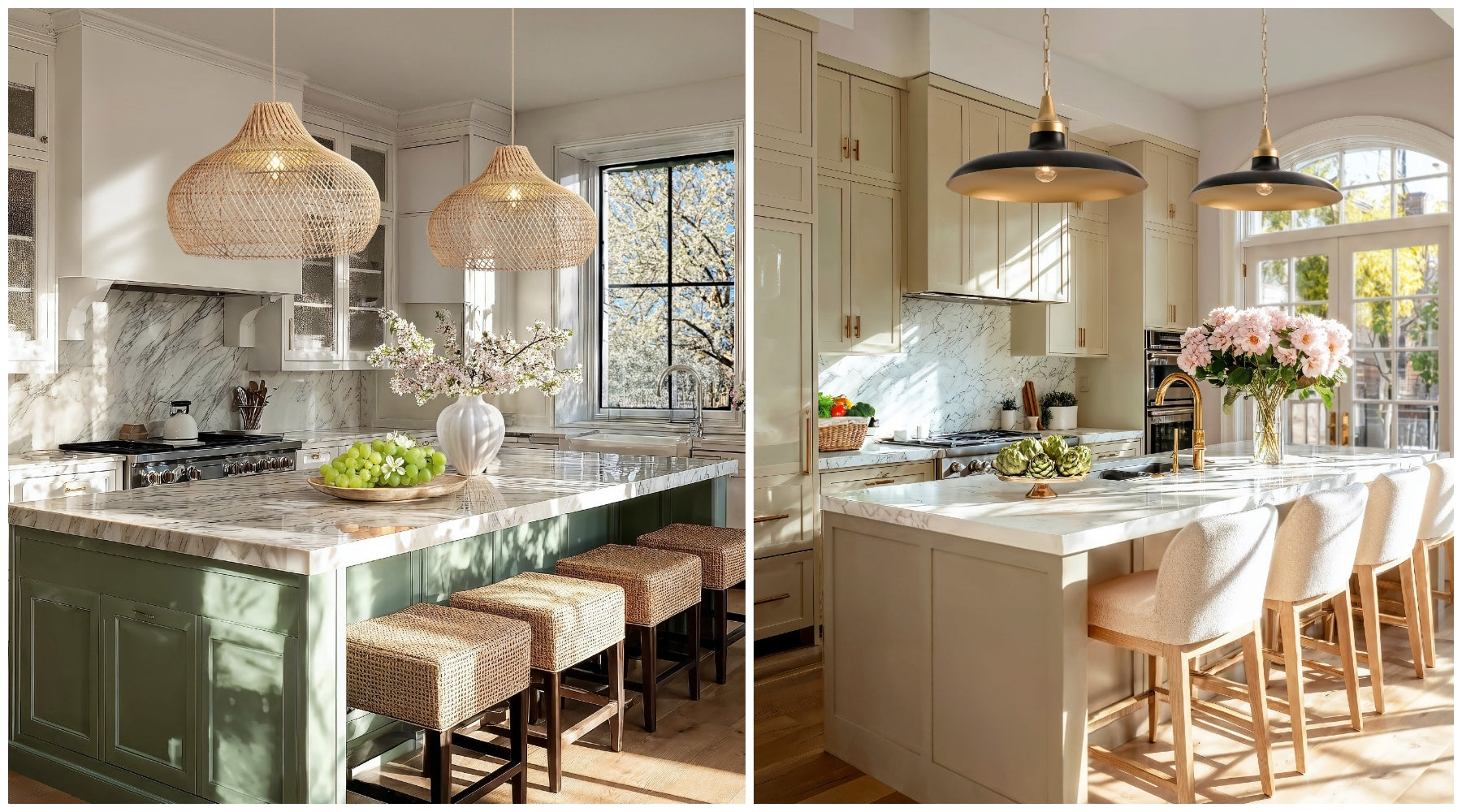 Side-by-side kitchen islands with woven rattan pendant lights on the left and black metal pendant lights on the right.