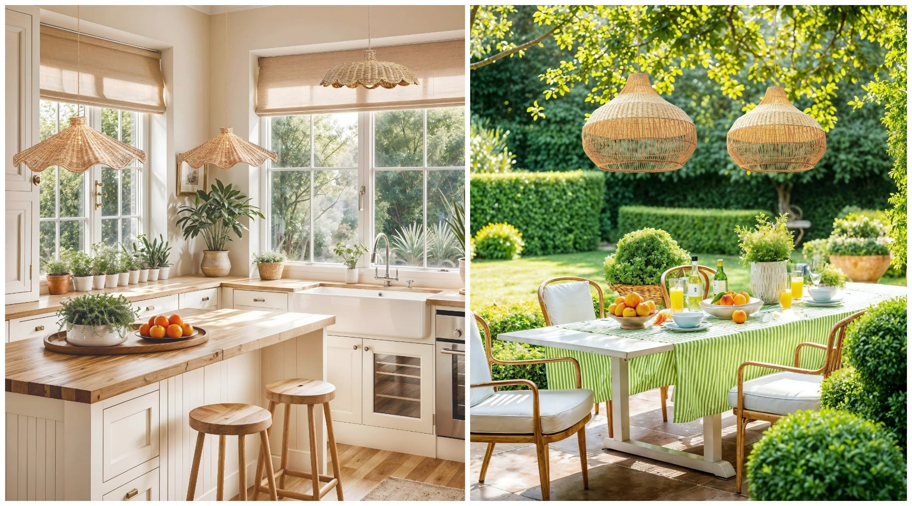 Side-by-side kitchen and patio spaces with woven pendant lights in bright natural light.