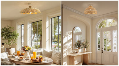 Side-by-side sunlit interiors with woven flush mount ceiling lights in a breakfast nook and entryway.