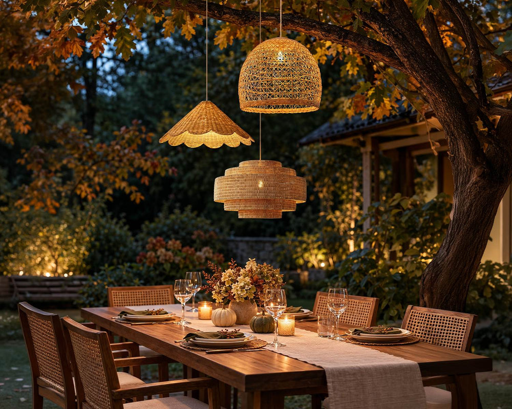Holiday table under warm rattan pendants