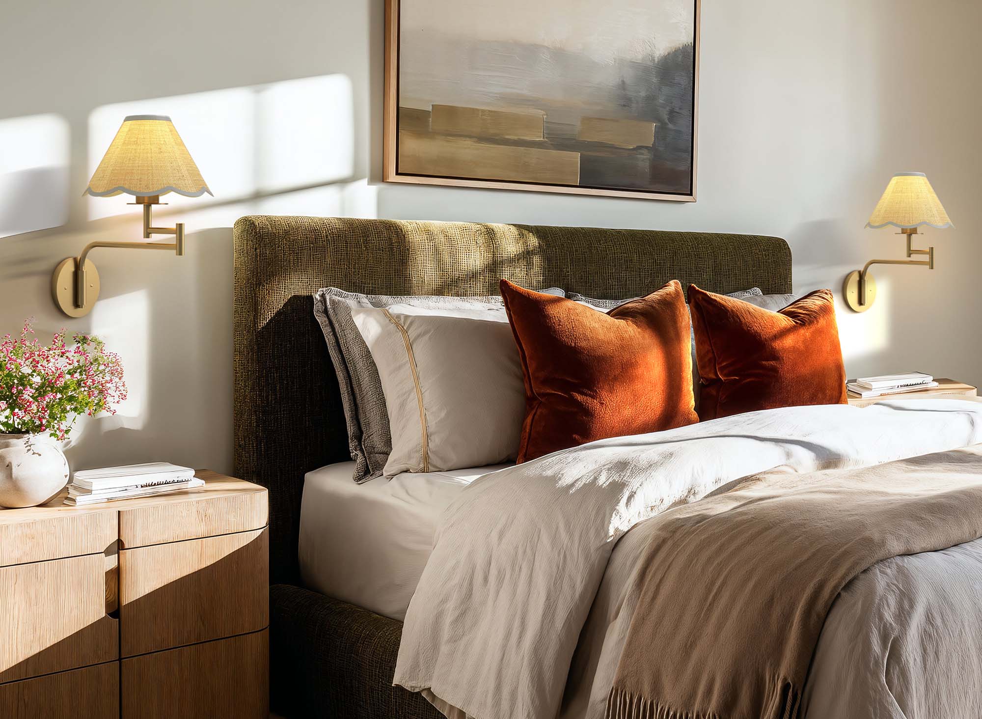 pc spring rattan sconce bedroom with a bed, nightstands, and wall art