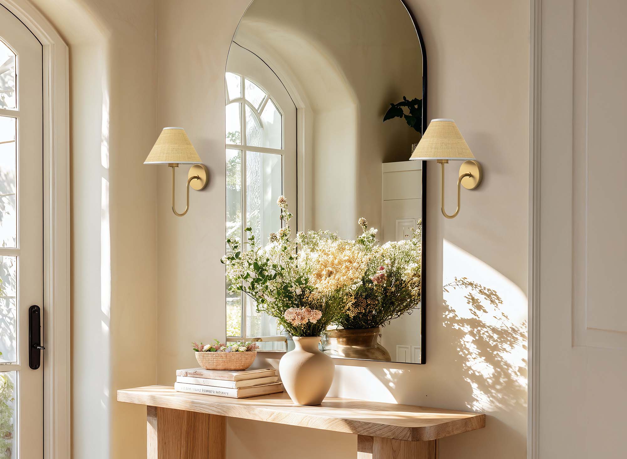 spring mysa rattan sconce hallway with mirror decor