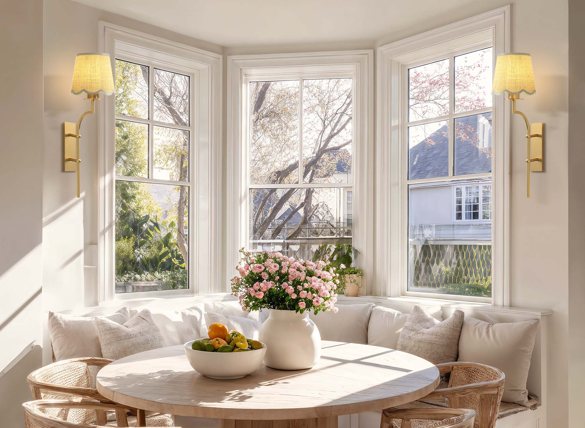 spring nala clamp rattan sconce in brightly room with large windows