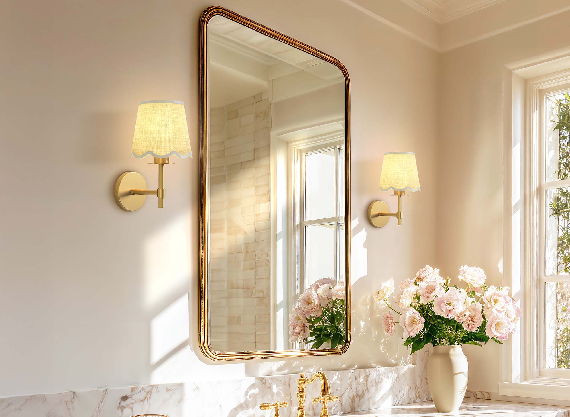 spring solenne rattan sconce bathroom mirror with gold frame