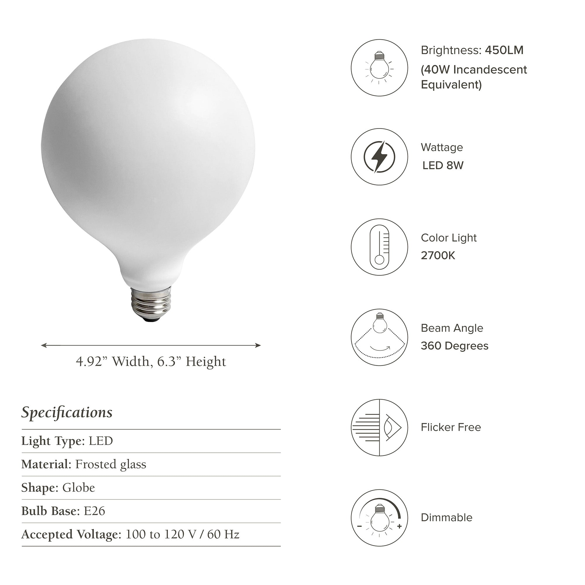 2700k light bulb white glass e26 with specifications