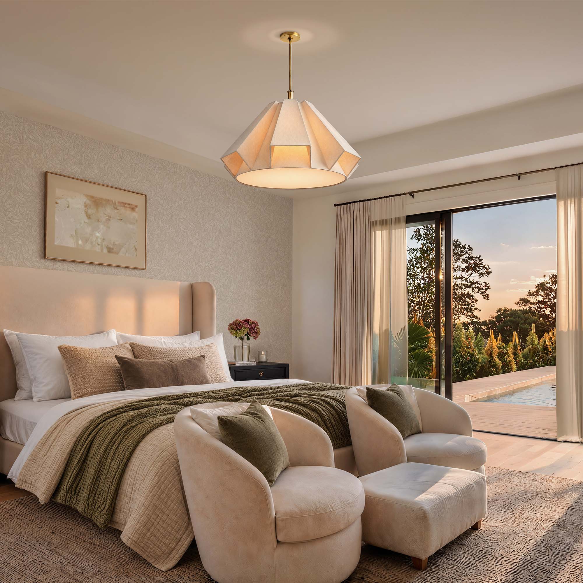 geometric linen pendant light on bedroom